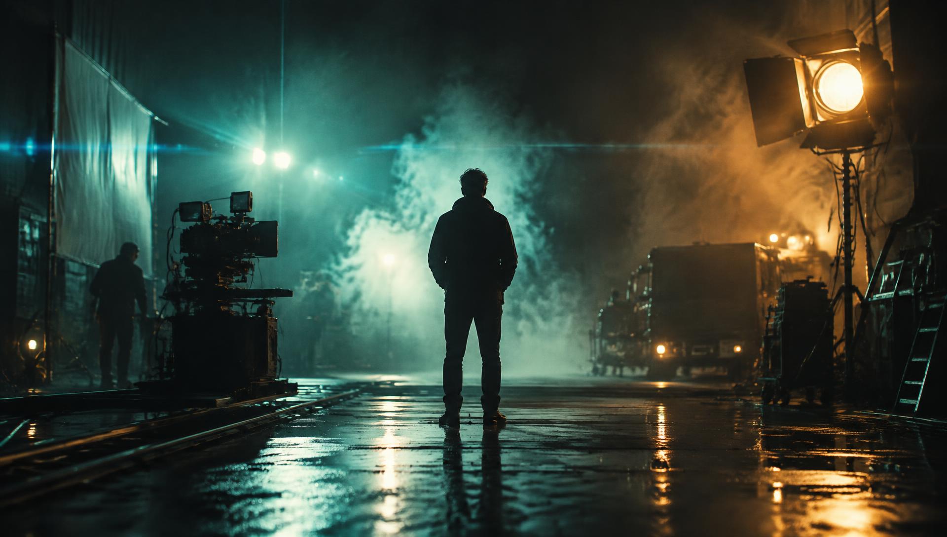 Cinematic film set lit with teal and amber light